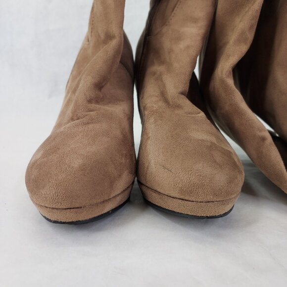 Bella Marie Boots Women's Sz 7 Suede Over The Knee 3.5" Block Heel Taupe Lace-up - Picture 12 of 16